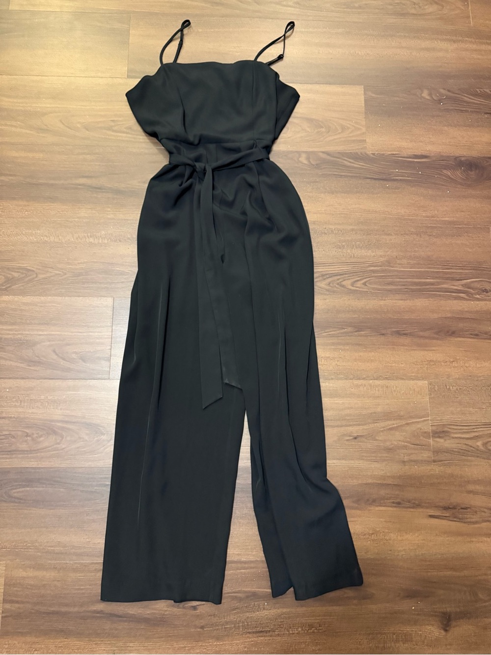 Nine West Black Spaghetti-Strap Wide-Leg Jumpsuit with Waist Tie